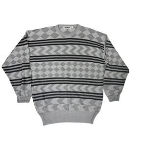 90s Y2K Mondo Italian Mens Sweater Silver/Black Diamond Stripe Zigzag Sz M